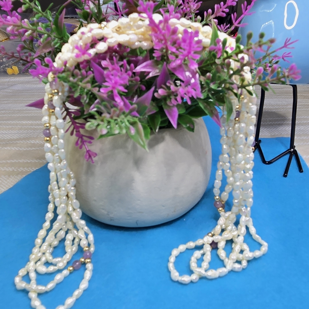 Vintage Freshwater Double Strand Pearl Amethyst Bead Necklace with Gold  Accents